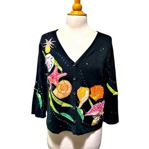Vintage Design Ptions Colorful Beaded Sea Shell Cardigan Sweater - Large